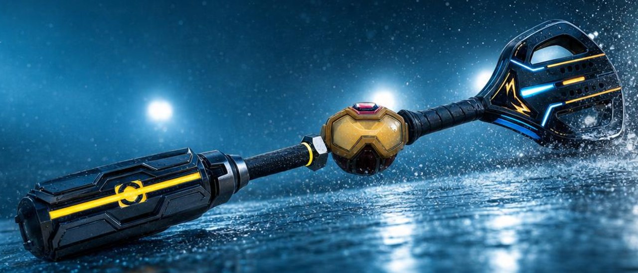 The Spinball character: goggles on a floating core, a long bat on one side and a paddle on the other